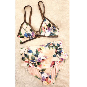 Gianni Bini Bronze Floral Triangle High Waisted Ruched Bikini Size Small